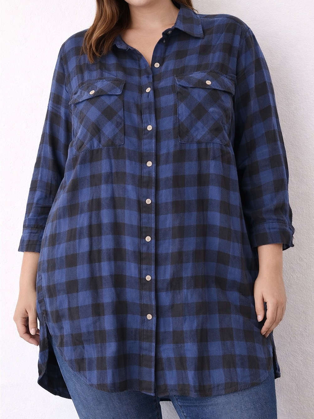 Terra & Sky Blue and Black Plaid Button-Front‎ Tunic
